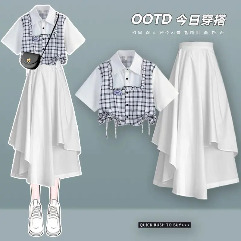 Preppy-Bộ Đồ Hai Mảnh Cho Nữ, Phong Cách Trẻ Trung, Ngọt Ngào, Thiết Kế Đẹp, Áo Sơ Mi, Váy Không Đều, Mùa Hè, Mới