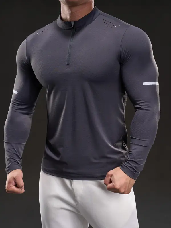 Men's Half Zip Up Stand Collar Sports Tee, High Stretch Tight-fitting Casual Comfy Breathable Long Sleeve T-shirt for Gym Workout Running, Men's High Stretch Sportswear for All Seasons, Athletic Fitted Breathable Mens Clothing 4