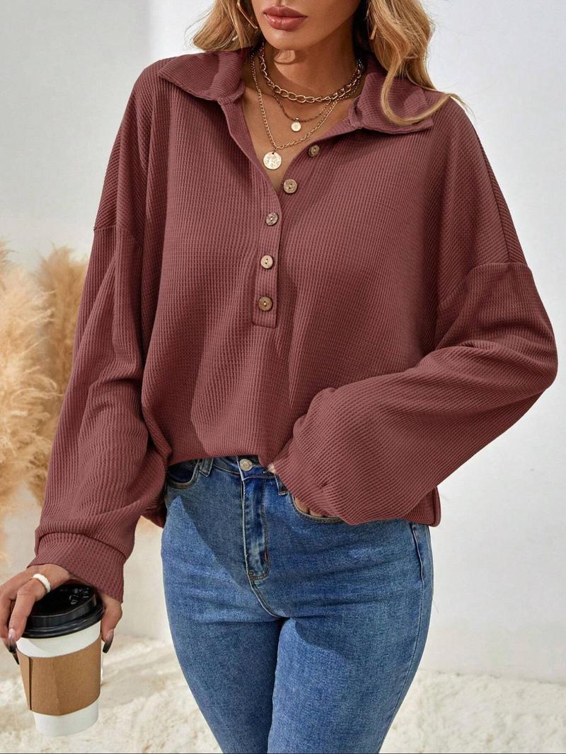Product Introduction of Women's Plain Half Button Drop Shoulder Tee, Casual Long Sleeve Collared Top for Spring & Fall, Women's Clothing for Daily Wear 7