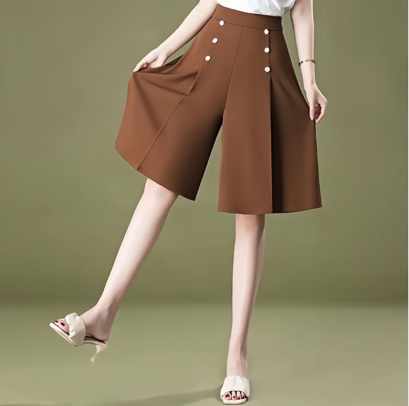 Quần ống rộng 6 NÚT culottes lưng thun sau giả váy LỬNG Nữ Women Ong GV cạp cao Polyester phong cách Hàn Quốc cho trung niên
