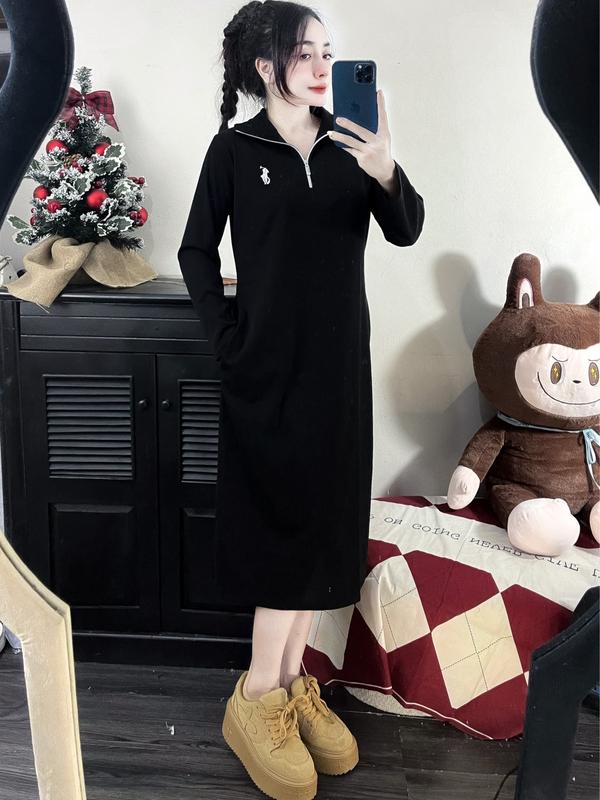 Đầm Suông Nữ Thu Đông Vải Thun Tăm Cổ Khoá Dài Tay Túi Eo Freeship Women Dress