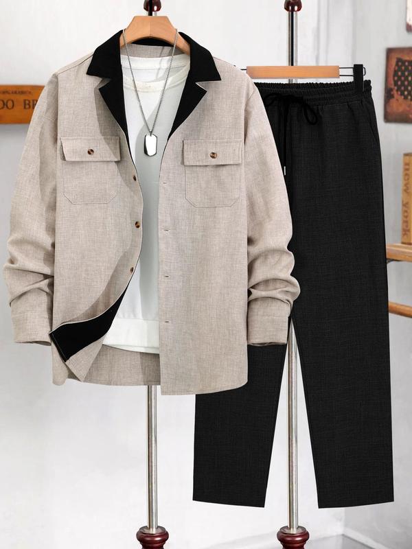 Men's Solid Button Front Longsleeves Shirt & Drawstring Waist Pants Set, Regular Fit Long Sleeve Lapel Neckline Top & Pocket Trousers, Casual Fashion Cozy Breathable Men Two-piece Outfits for Fall & Winter 3