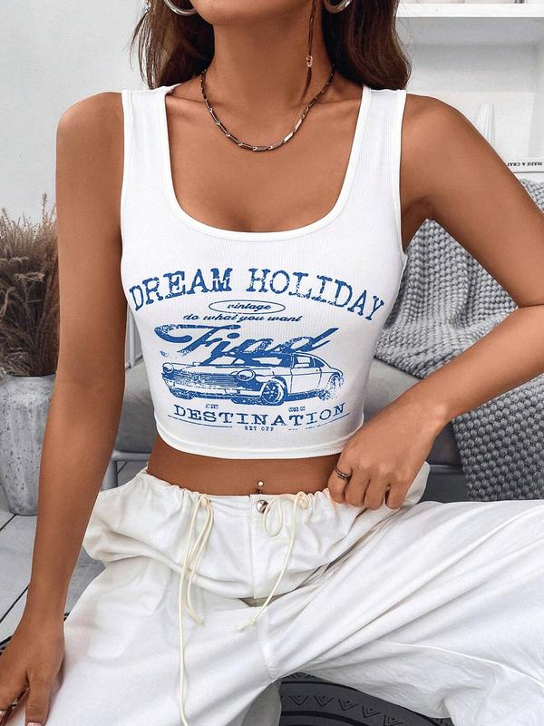 Women's Car & Letter Print Crop Tank Top, Casual Vintage Scoop Neck Sleeveless Cropped Top for Summer, Fashion Ladies' Top for Daily Wear 2