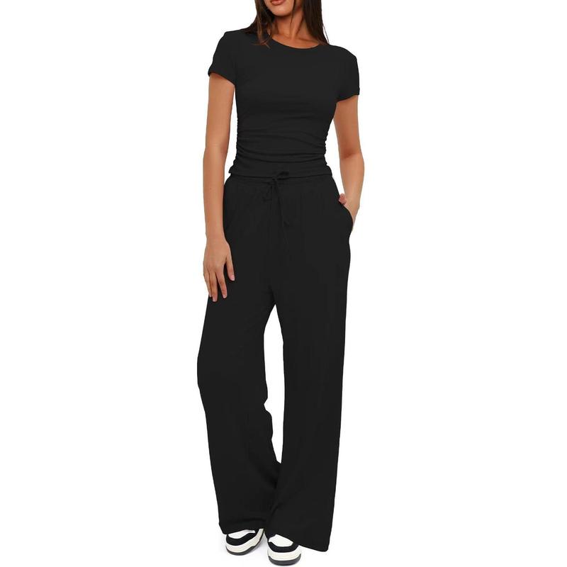 Women's Solid Round Neck Tee & Pants Loungewear Two/Six Piece Set, Casual Comfy Pyjama Set for Women, Comfy Loungewear Set for Daily Home Wear Pajamas Nightwear Womenswear Pjs Homewear Comfort Hip Basic Black Minimalist women's  tracksuits 0
