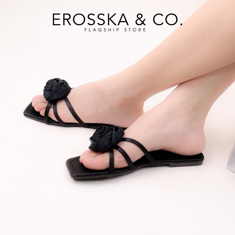EROSSKA - Dép nữ đế bằng quai dây mũi hở phối hoa kiểu dáng đơn giản cao 1cm màu đen - DE089 5
