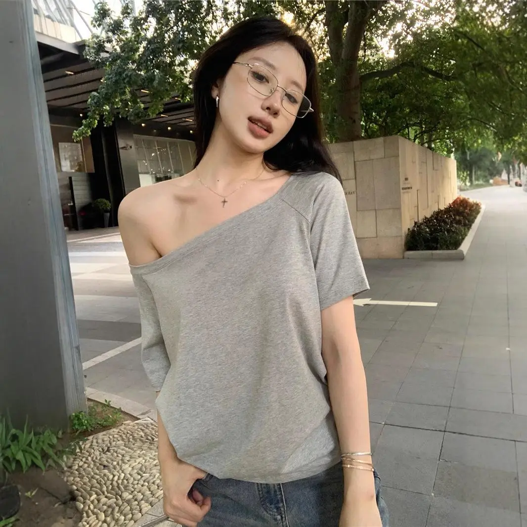 Hot Girl Off-Shoulder Short Sleeve Loose T-shirt Women's 2025 Summer New Casual Irregular Pure Color All-Matching Top T-shirt