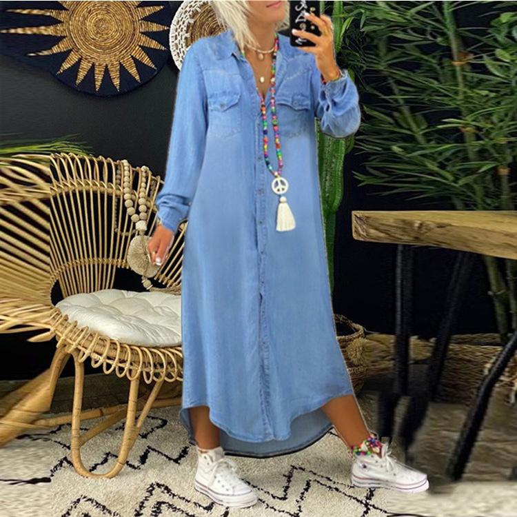 Product Introduction of 2024wish Popular Denim Long Skirts New Blouse Collar Denim Casual Skirt Dress 3
