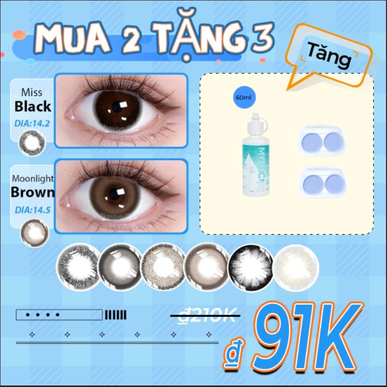 [mua 2 tặng 3] 2 cặp kính áp tròng Mystic eyes 0-6 độ (14.0-14.5) + 2 khay đựng lens + 1 nước ngâm lens 60ml