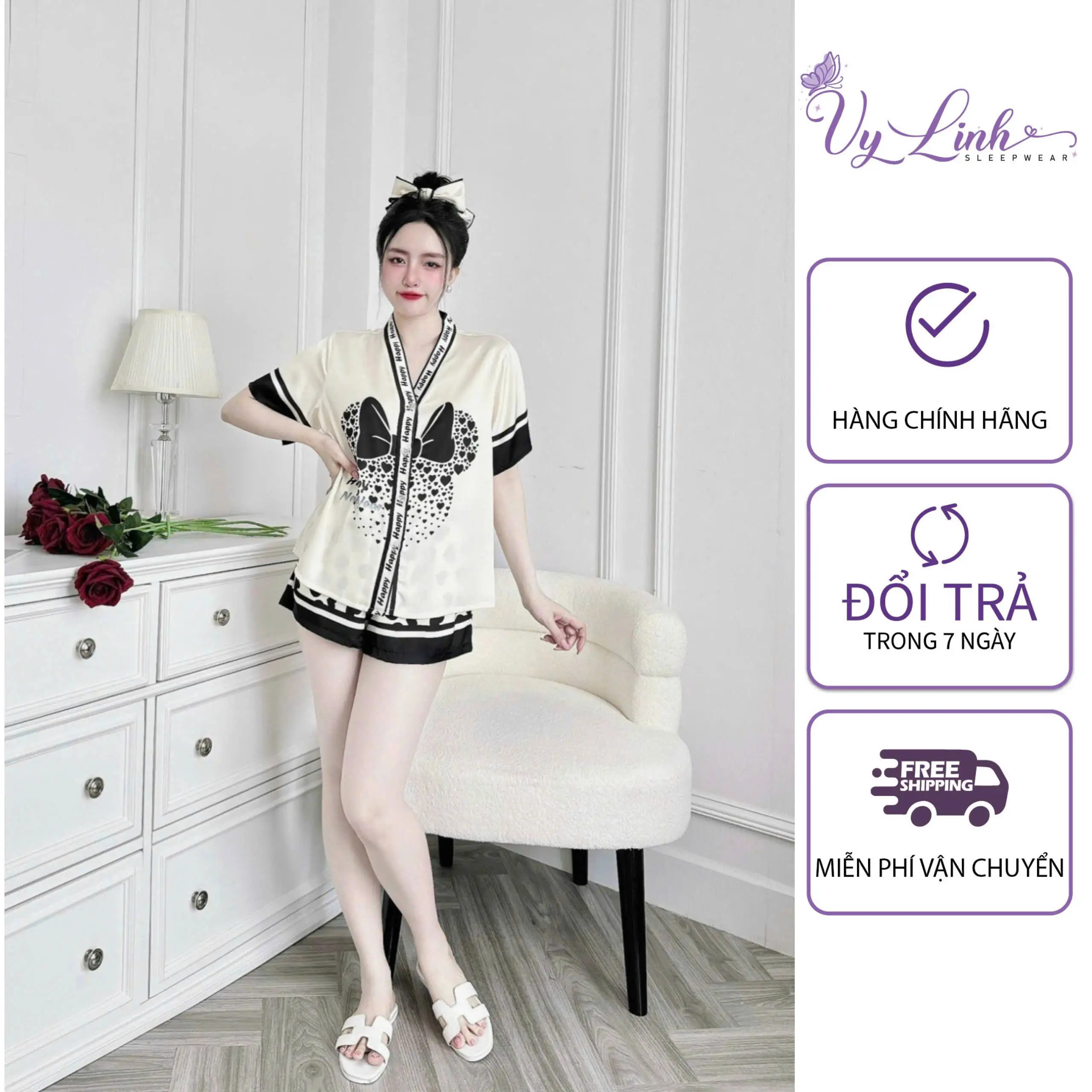 Bộ Đồ Pijama Cổ Y Dành Cho Nữ Hoạ Tiết Dễ Thương Chất Liệu Vải Lụa Latin Cao Cấp S1103 - 1