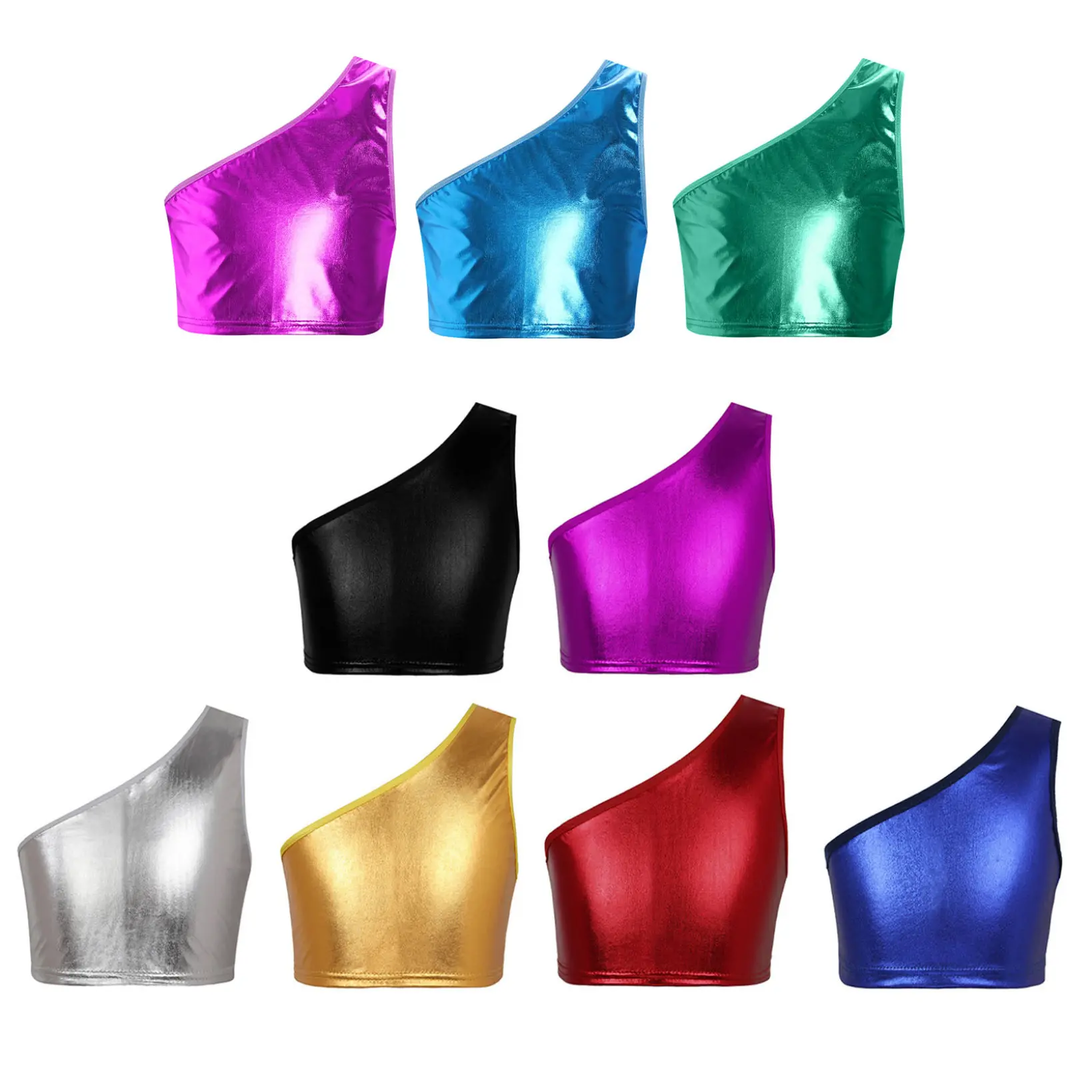 Nyeemya Kids Girls Metallic Tank Crop Tops Single Shoulder Dance Yoga Workout Sports Bras Gymnastics Sportswear Tops