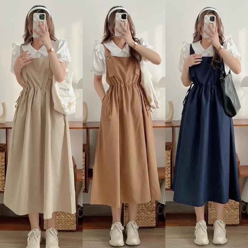    Có Ship Hỏa Tốc Trong Ngày    Có Tách Lẻ   Set váy yếm kate dáng dài màu trơn thắt eo kèm áo sơ mi tay ngắn babydoll set hai món yếm phối áo tay phồng Ulzzang 