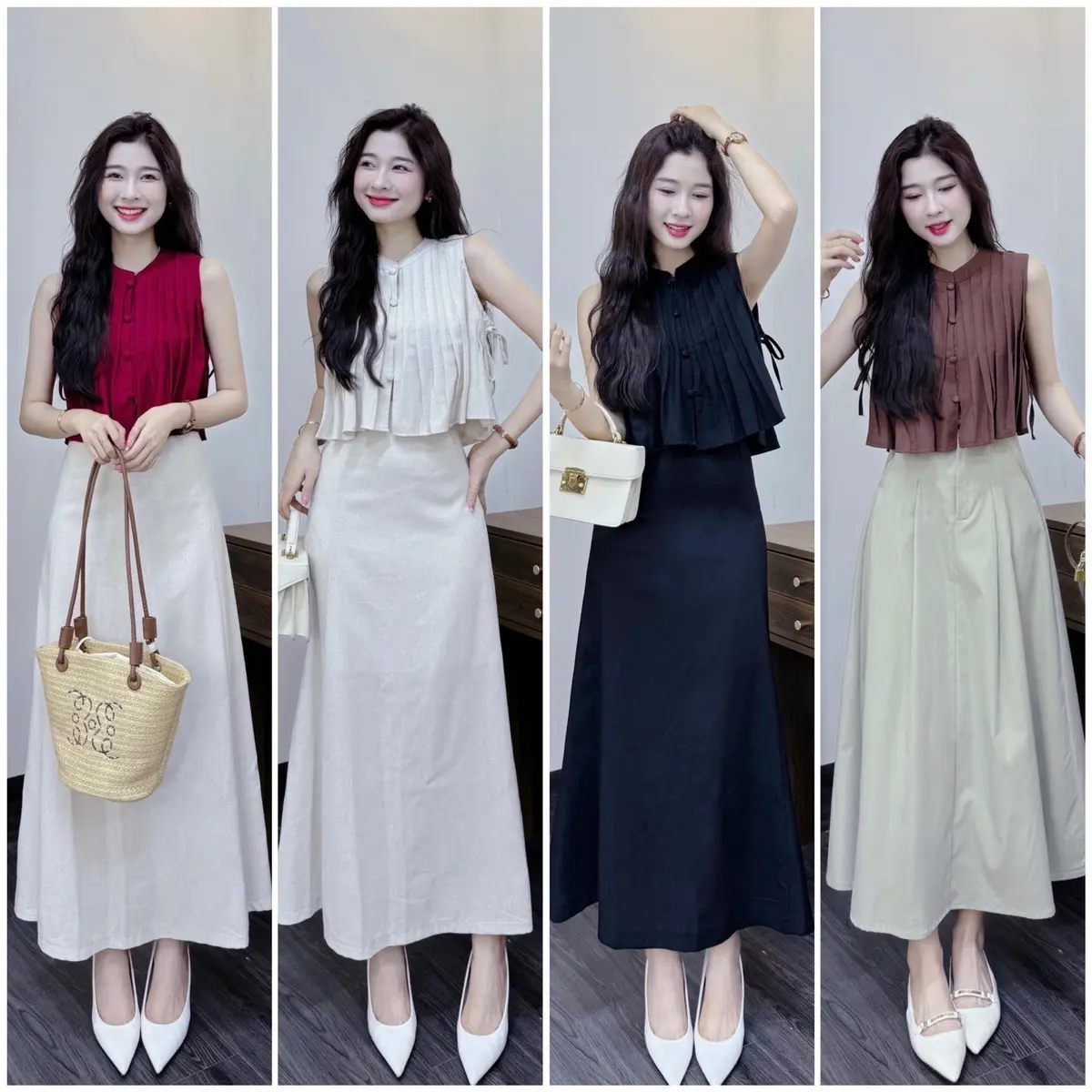 Áo crop xếp li nút bọc cột dây 2 bên ( mỗi áo )