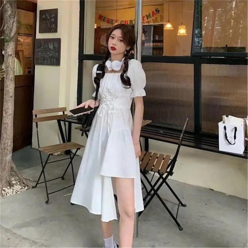 Đầm nữ cổ vuông tay bo vạt cao 2 màu váy 2 tà