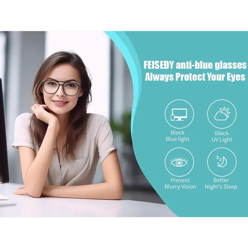 FEISEDY Lightweight Pilot Glasses Frame Blue Light Blocking Glasses Women Men Oversized Square Computer Glasses B2387 6