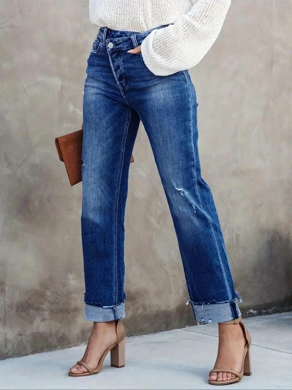Women's Solid Color Jeans, Casual Comfy Wide Leg Denim Pants for Daily Wear, Ladies Bottoms for All Seasons 2