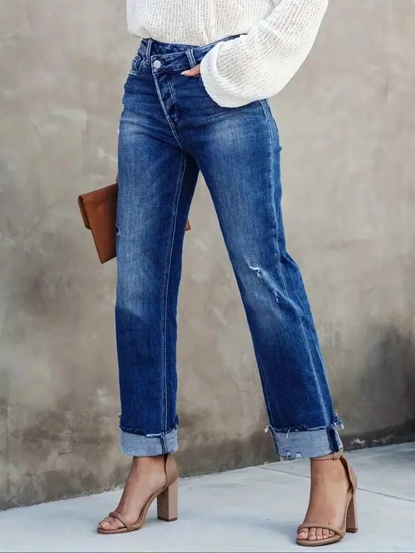 Women's Solid Color Jeans, Casual Comfy Wide Leg Denim Pants for Daily Wear, Ladies Bottoms for All Seasons 2