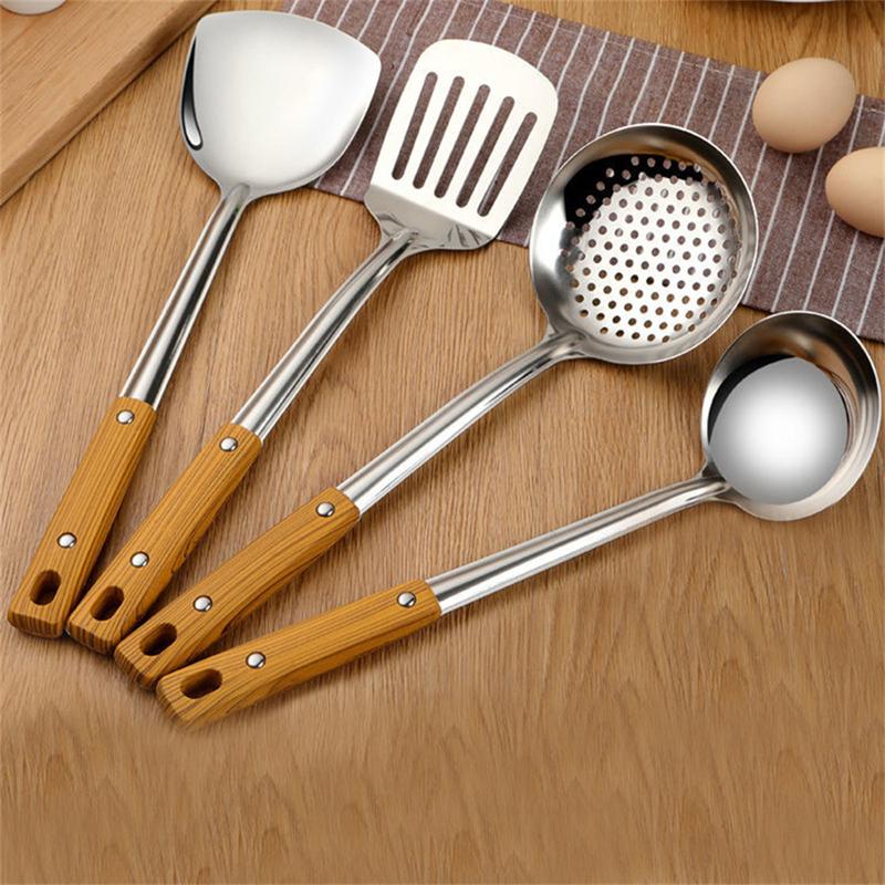 Dụng Cụ Nấu Ăn Bằng Thép Không Gỉ, Tay Cầm Chống Nóng Chất Lượng Cao, Tay Cầm Vân Gỗ, Thìa Rán, Muôi Súp, Dễ Lau Chùi, Thìa Chịu Nhiệt 1