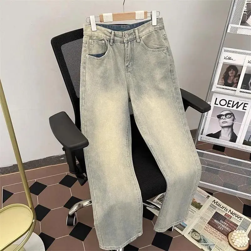 Quần Jean Mùa Hè, Phong Cách Đường Phố Cao Cấp Mỹ, Dành Cho Nam Và Nữ, Phong Cách Hồng Kông, Quần Dài Ống Rộng Dáng Suông Cao Cấp, Thích Hợp Cho Học Sinh Phong Cách Ins