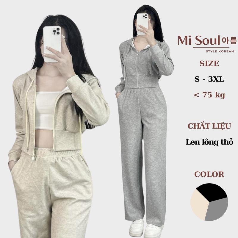 Set Bộ Khóa Kéo Len Lông Thỏ Dài Tay Có Mũ Mix Quần Dài Suông BigSize MiSoul, Bộ Thu Đông Khóa Kéo Dây Rút Mũ 343 Nữ Áo