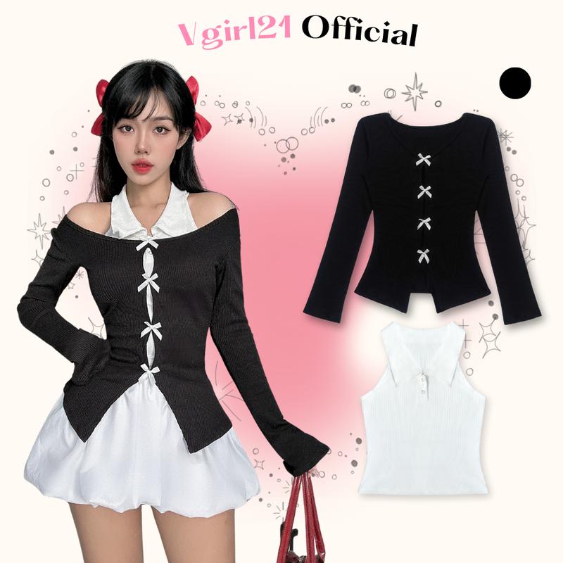 Set áo kiểu nữ VGIRL gồm 1 áo thun tay dài đính nơ kèm 1 áo cổ sơmi đóng nút phong cách douyin sang chảnh