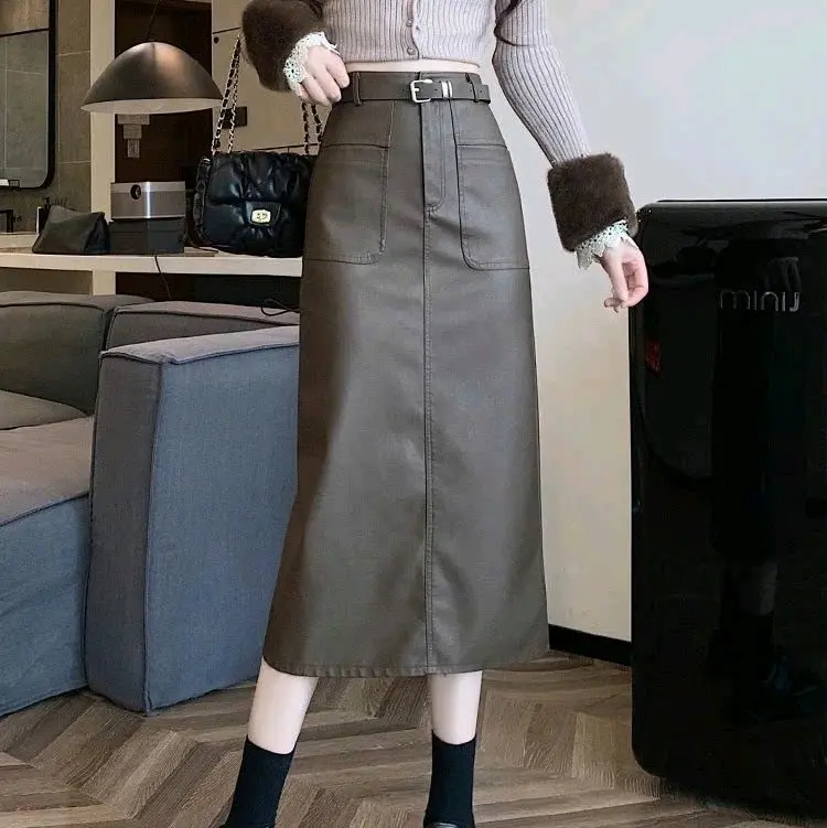 8011.Chân váy da dài dáng A , xẻ sau , có túi , kèm đai  Nữ Women 0