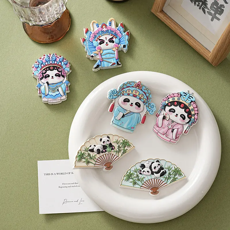 Chinese Opera Panda Fridge Magnet Chinese Fan Magnetic Sticker Cute Cartoon Travel Souvenir Decoration Magnetic Sticker