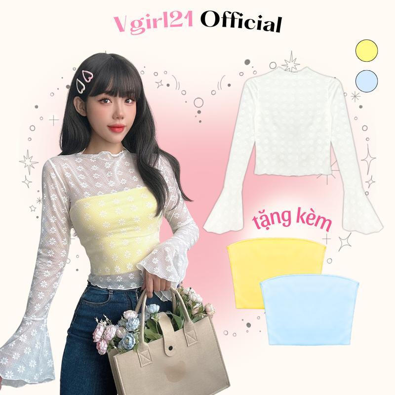 Áo ren xuyên thấu nữ Vgirl tay dài ống loe hoạ tiết hoa TẶNG kèm áo ống màu