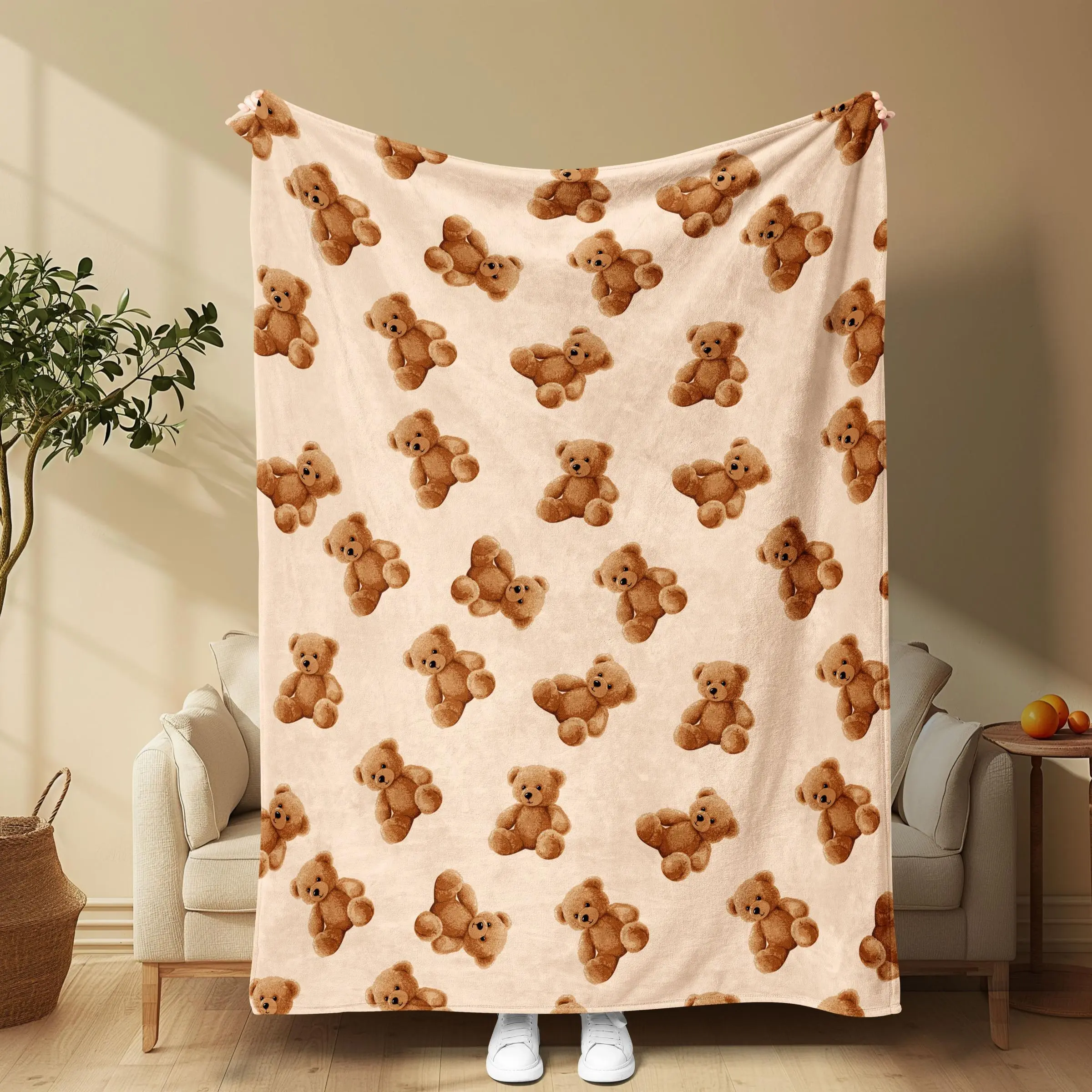 Cute Bear Pattern Blanket, Soft Comfortable Comfy Bear Throw Blanket, Warm Napping Blanket for Home Office Travel Camping