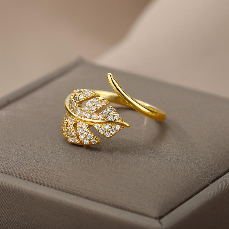 Product Introduction of Fashion Palm Leaf Shape Rings For Women Stainless Steel Gold Color Zircon Adjustable Finger Ring Party Jewelry Gift Bijoux Femme 4