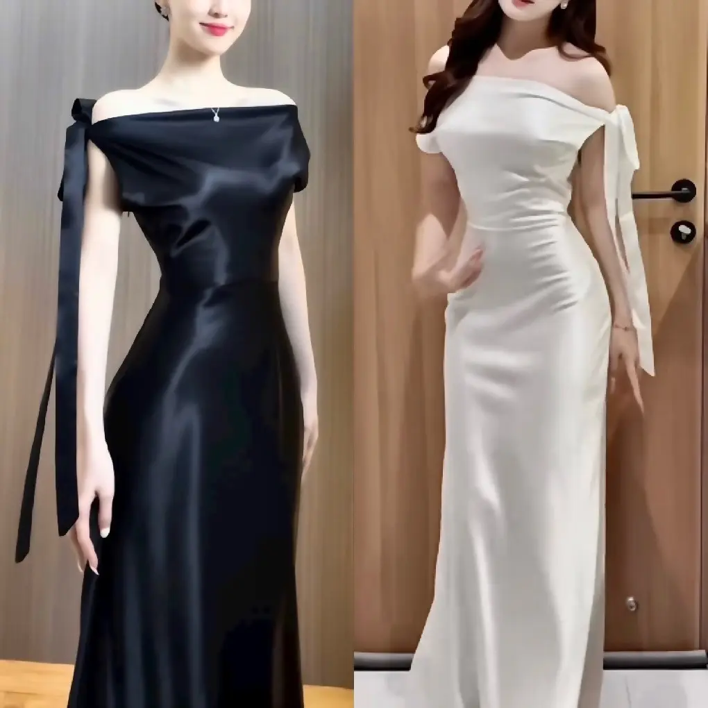 Đầm dự tiệc thiết kế trễ vai phối nơ chất vải lụa hàn