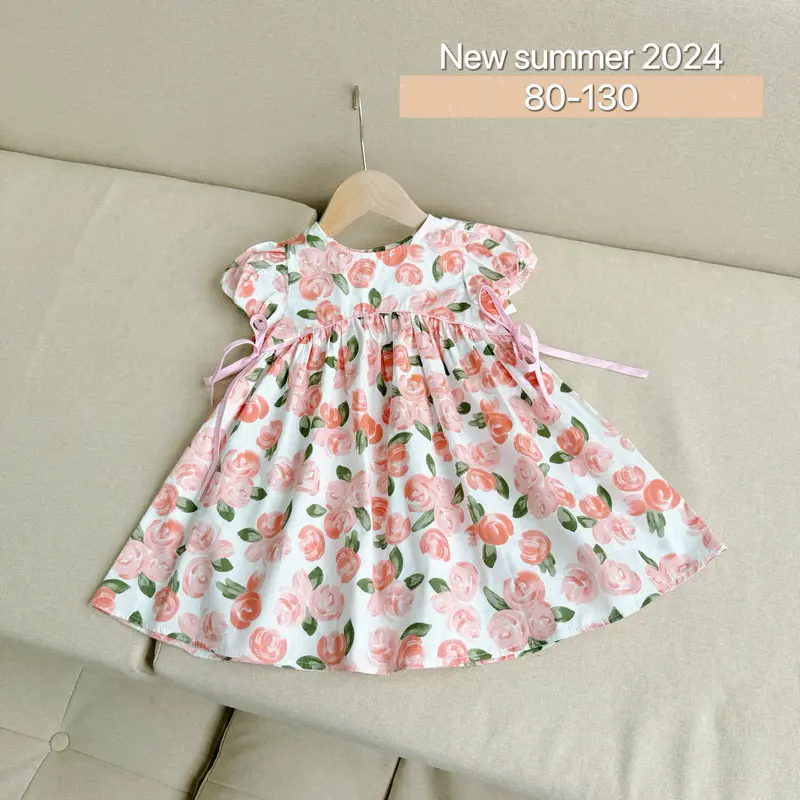 [Pinkids] [8-22kg] Váy Hoa Hòe Chất Thô Mềm Cột Nơ 2 Bên Cho Bé Gái 2