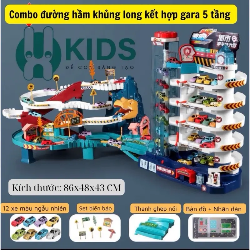 Full 3 Bộ đồ chơi đường đua khủng long siêu tốc kết hợp garage đỗ xe ô tô 5 tầng kích thước lớn sẵn nhiều ô tô con hợp kim cho bé Toy 8