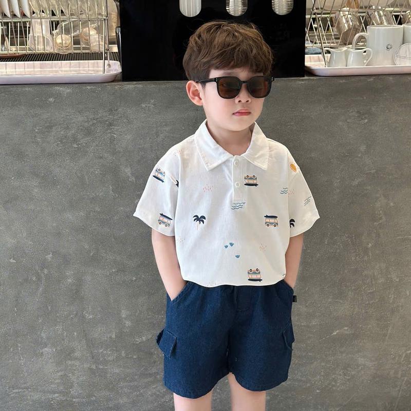 Bộ quần áo polo in Ô tô quần giả bò  cho bé trai, cotton mềm mát, thiết kế nam tính