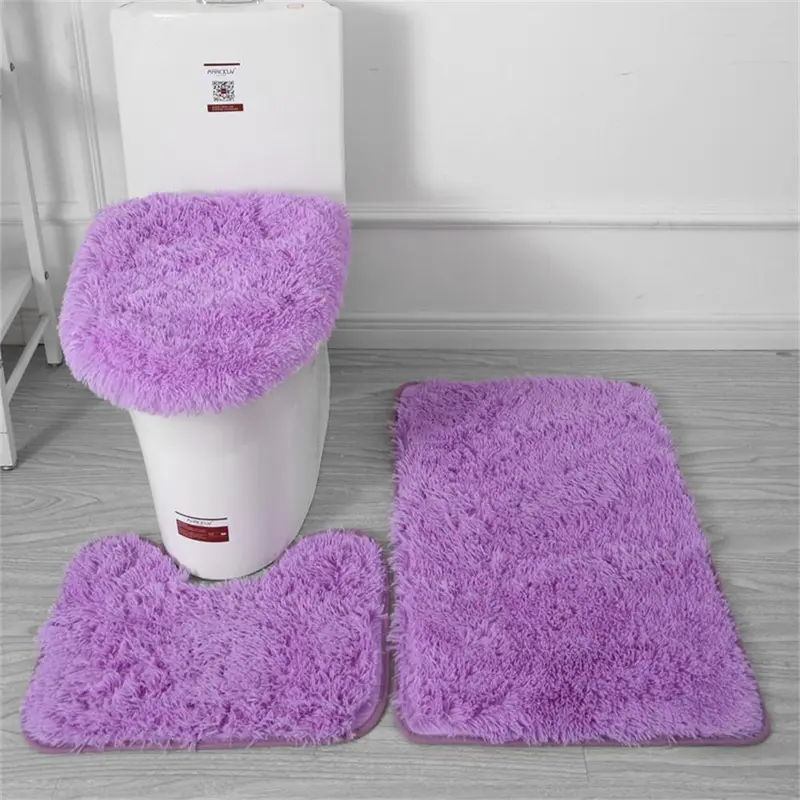 Soft Bath Mat Decoration Set, 3 Counts/set Summer Solid Color Soft Plush Toilet Seat, Anti-Slip Bath Mat, Household Products 0
