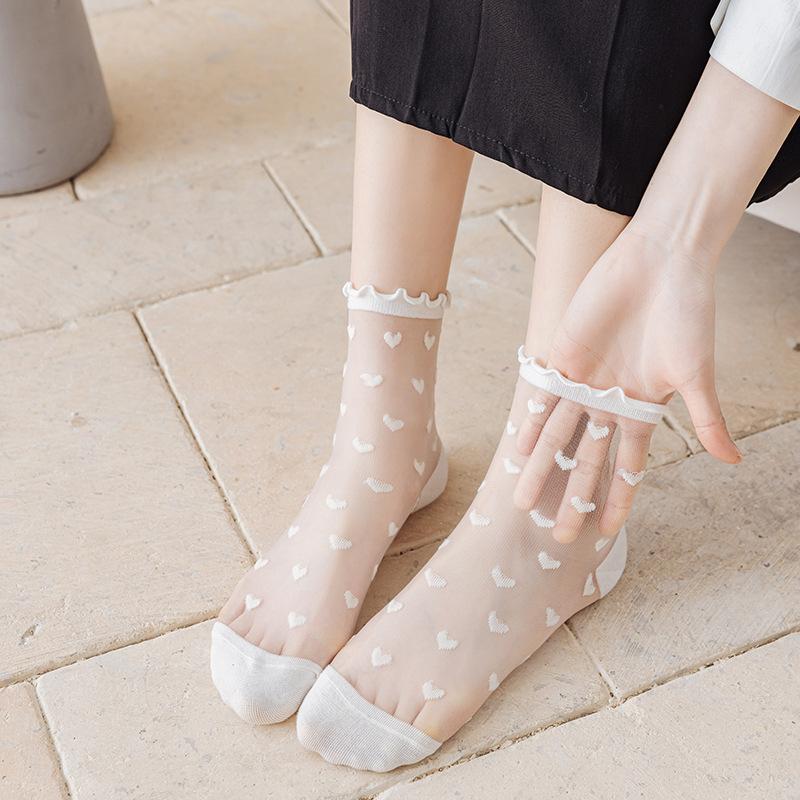 Product Introduction of 1/4pairs Lace Sock Women Sexy Ruffled Love Heart Pattern Transparent Sheer Mesh Sweet Glass Fiber  Silk Mid Tube Stocking 11