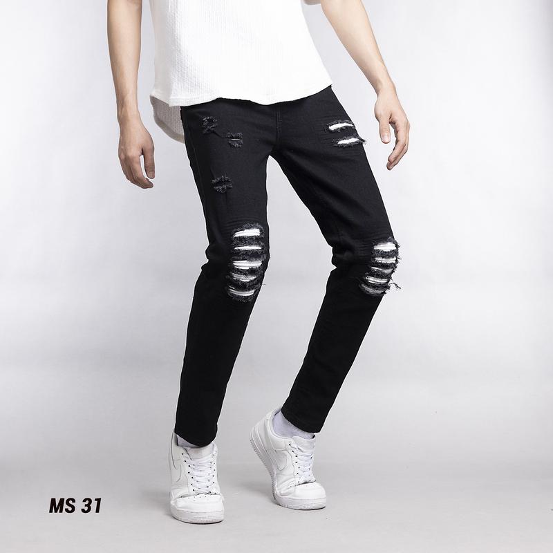 Quần jean dài nam màu đen kiểu rách vá có miếng lót màu trắng chất bò co dãn tốt Q31 form dáng skinny Menswear Pants Có Túi