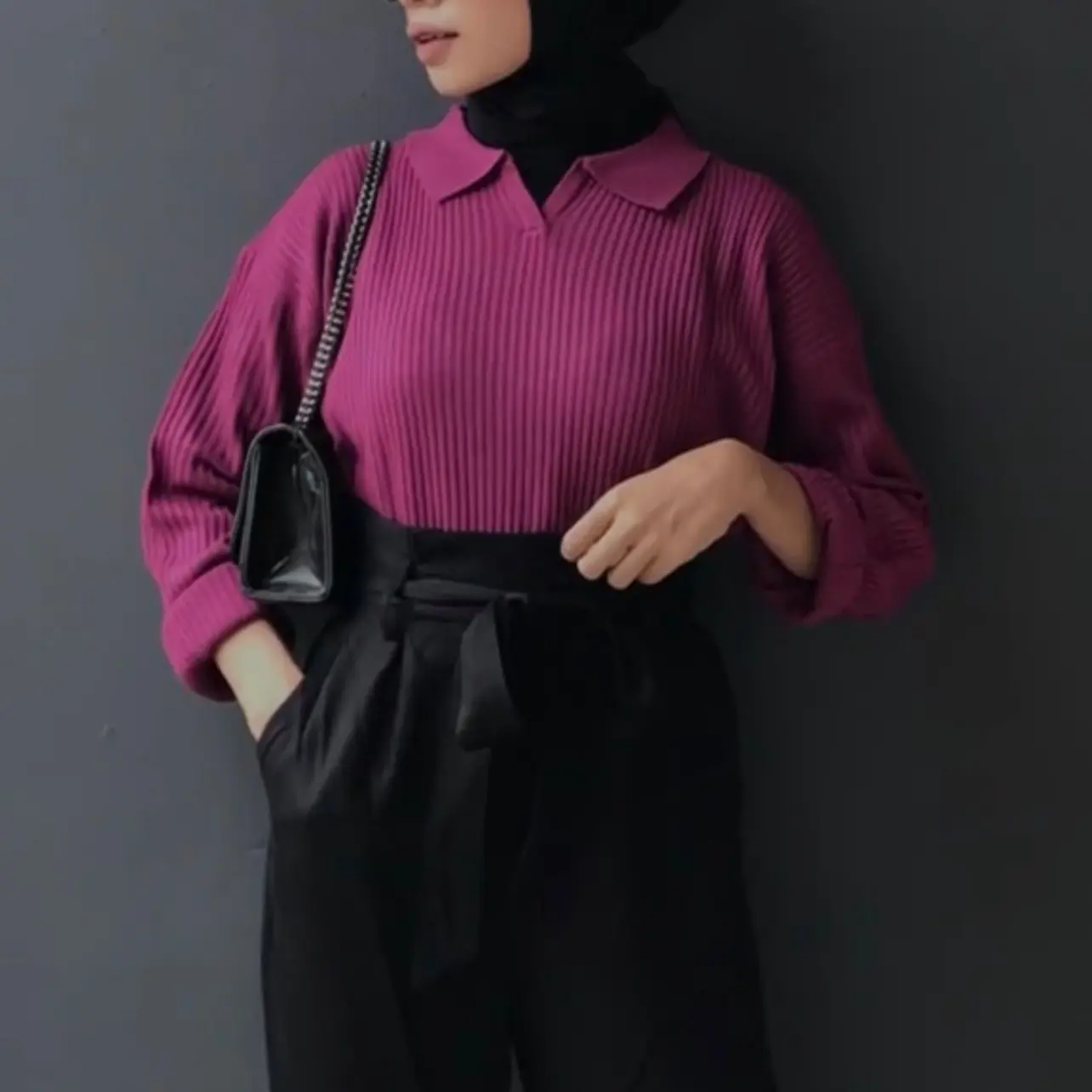 Sweater rajut kerah secer Atasan wanita Oneset Top Knitwear Baju
