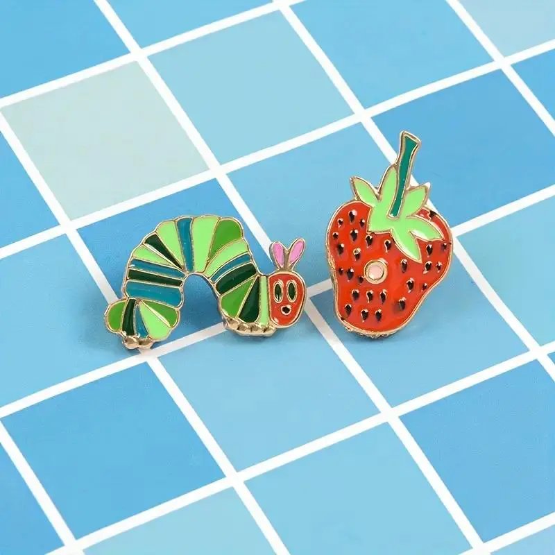Caterpillar & Strawberry Design Metal Brooch (2 Counts), Cute Cartoon Badge for Clothes Backpack Hat, Enamel Pin Suitable for Backpacks, Jeans, Scarves, Hats Decoration Fixed Buckle, for Summer Clothes,  Teenage Girl Gifts 2