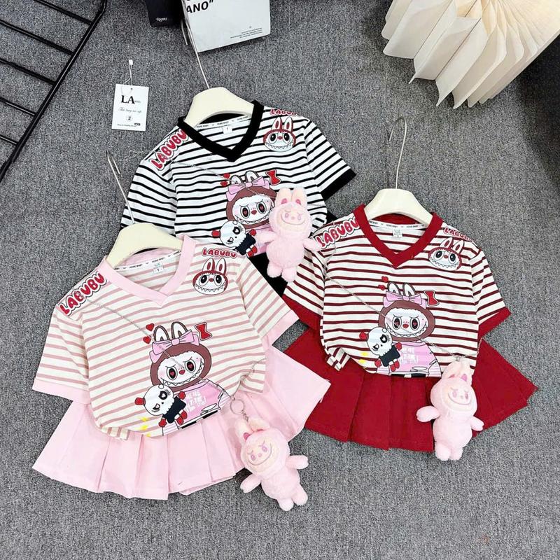 7-41kg [Có Lót Trong] Set Váy Xếp Ly Kẻ Sọc In Hình LABUBU Chất Liệu Cotton Tixi Dành Cho Bé Gái