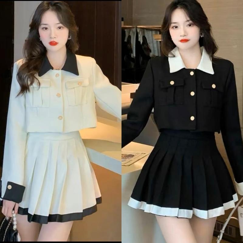 Hàng 3 Size : Sét Dạ Crotop Túi Hộp Phối Cổ 2 Màu Mix Chân Váy Dạ Xếp Ly Có Quần Bảo Hộ Kèm Ảnh Thật 119 Chất Liệu Dạ QC L1 Dày Đẹp Form Chuẩn Đẹp Size S M L