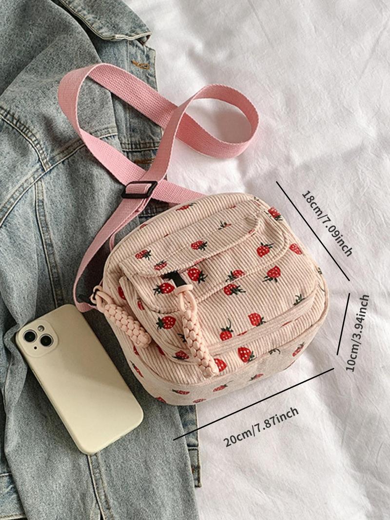 Product Introduction of Women's Strawberry Pattern Corduroy Crossbody Bag, Fashionable Zipper Shoulder Bag for Daily Used, Casual Trendy Versatile High-quality Commuting Bag 5