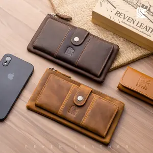 REVEN Bilfold Dompet Panjang Resleting Pria Cocok Untuk Bisnis Kerja Kulit Sapi Jenis Crazy Horse Keren Awet Cow Leather Plain Card Holder Coin Holder/Purse 10 Slot Kartu 1 RUang Multifungsi Resleting Uang