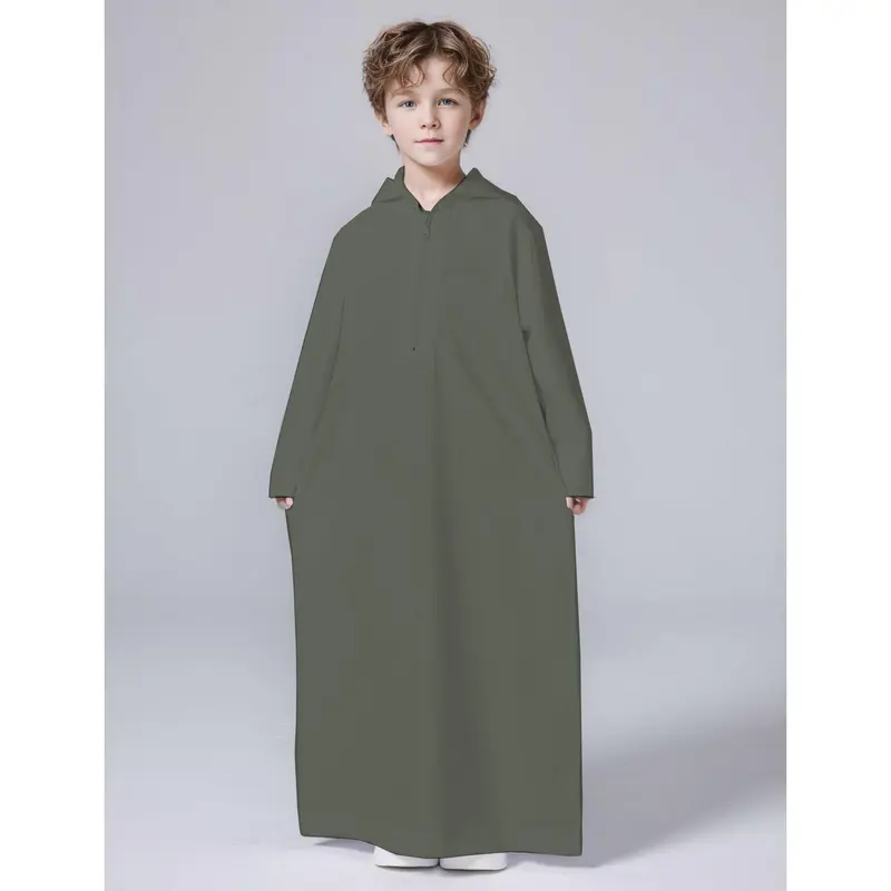 2025 Middle East Solid Color Boy Hooded Zip Shirt Robe Arab Muslim 6