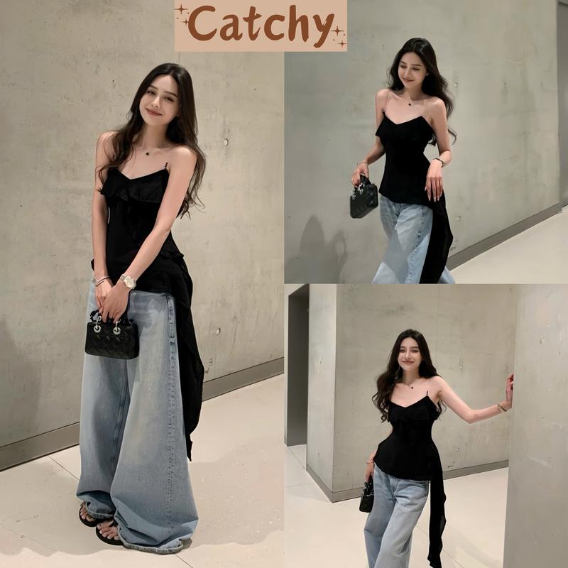 Set Bộ Nữ Áo 2 Dây Trong Cổ V Phối Bèo Lệch Tà Tua Rua Mix Chân Váy Ôm Y2k Phong Cách Cá Tính Sang Chảnh CATCHYstore