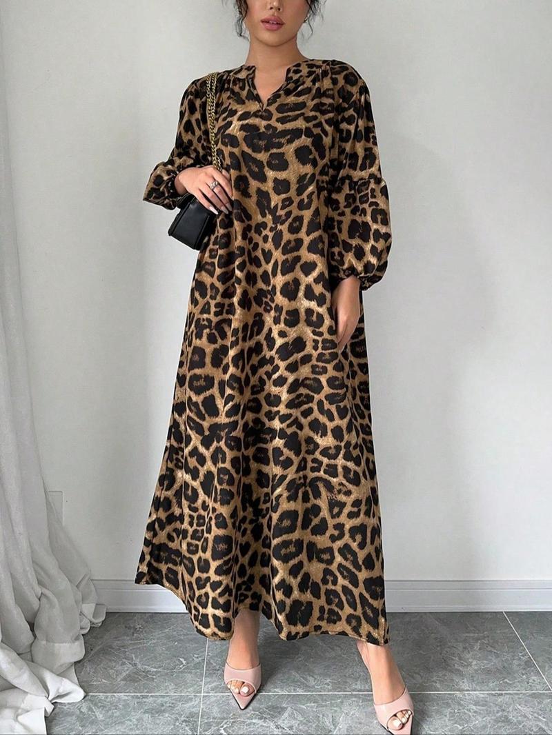 Product Introduction of 【Plus Size】 Leopard Print Notched Neck Dress, Casual Bishop Sleeve Dress for Spring & Fall, Women's Clothes for Daily Wear 1