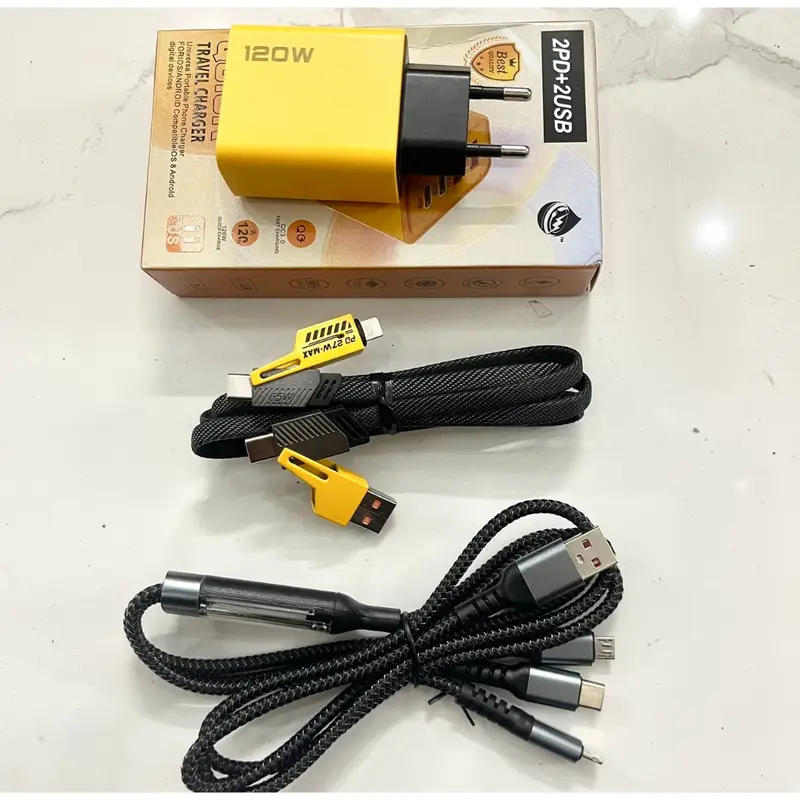 Combo 3 Sản Phẩm, Bộ Sạc Nhanh 120W, Cáp Sạc 3 Đầu 100W, Cáp Sạc 4 Đầu 4in1 Cốc sạc nhanh Sạc nhiều thiết bị 5
