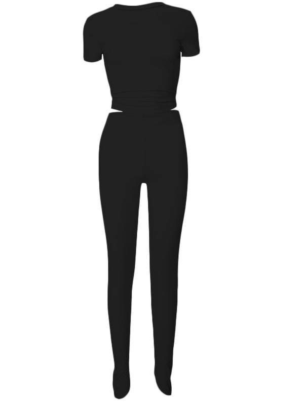 Women's Solid Ribbed Two Piece Set, Casual Fashion Cozy Crop Top & High Waist Pants for Daily Outdoor Wear, Ladies Clothes for Summer 5