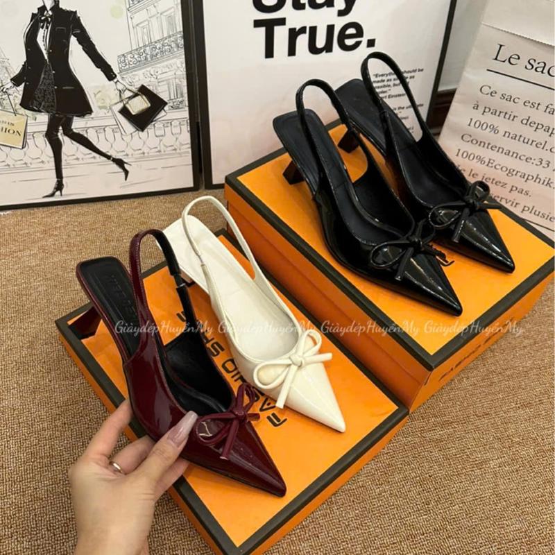 Giày cao gót mũi nhọn phối nơ da bóng mềm 5p hàng cao cấp full hộp ( TT15 ) Shoes Nữ