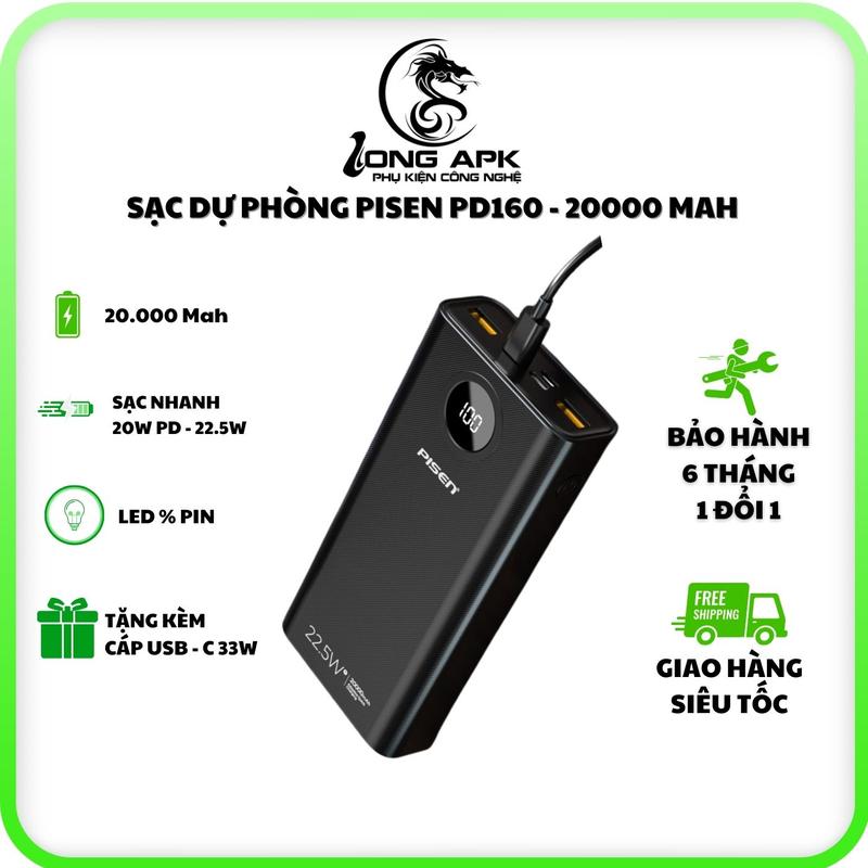 Pin sạc dự phòng PISEN QUICK PD160 20.000 mah sạc nhanh 22.5W - 20W PD Phụ Kiện Sạc Điện Thoại Đèn báo Pin Dự Phòng đa năng dung lượng lớn