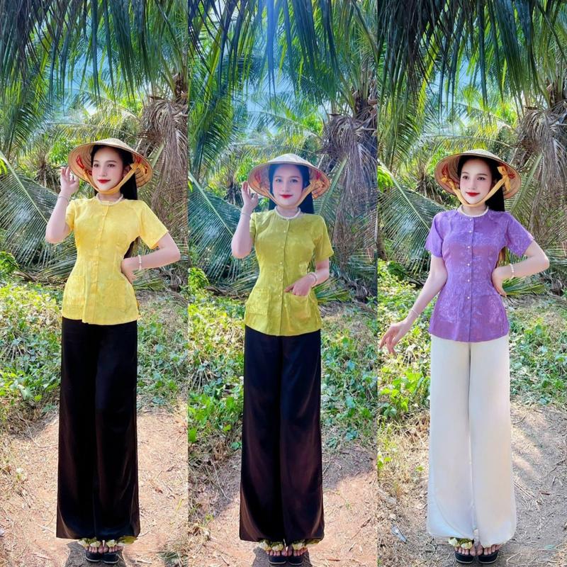 ÁO LẺ BÀ BA CỔ TRÒN TAY NGẮN CÓ 2 TÚI CHẤT VẢI ÁO GẤM QUẦN SATIN ĐỦ SIZE ÁO CÀI NÚT Nữ Women Kem Top